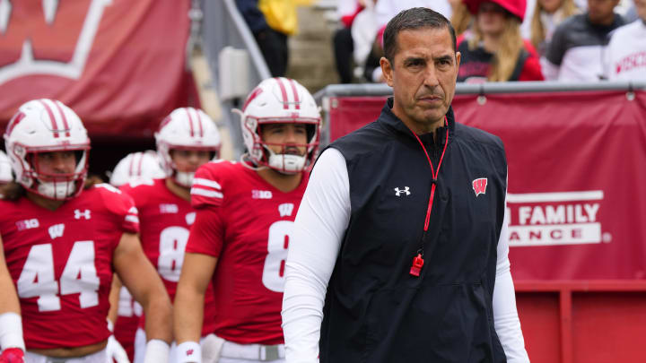 Oct 14, 2023; Madison, Wisconsin, USA;  Wisconsin Badgers head coach Luke  Fickell prior to the game against the Iowa Hawkeyes at Camp Randall Stadium. Mandatory Credit: Jeff Hanisch-USA TODAY Sports
