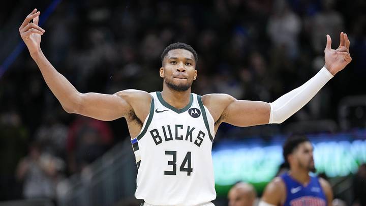 Nov 13, 2024; Milwaukee, Wisconsin, USA;  Milwaukee Bucks forward Giannis Antetokounmpo (34) celebrates following the game against the Detroit Pistons at Fiserv Forum. Mandatory Credit: Jeff Hanisch-Imagn Images