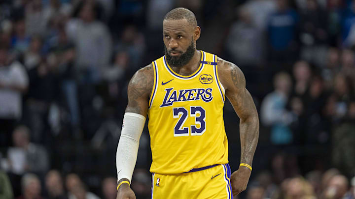 Apr 25, 2025; Minneapolis, Minnesota, USA; Los Angeles Lakers forward LeBron James (23) looks on against the Minnesota Timberwolves in the second half during game three of first round for the 2024 NBA Playoffs at Target Center. Mandatory Credit: Jesse Johnson-Imagn Images
