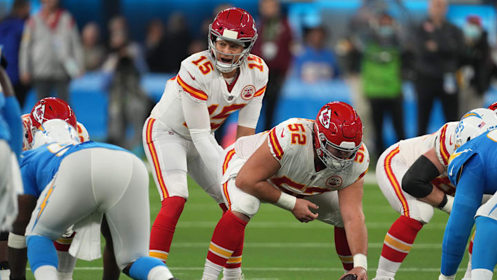 Dec 16, 2021; Inglewood, California, USA; Kansas City Chiefs quarterback Patrick Mahomes (15) prepares to take the snap from center Creed Humphrey (52) in the first half against the Los Angeles Chargers at SoFi Stadium. Mandatory Credit: Kirby Lee-Imagn Images Dec 16, 2021; Inglewood, California, USA; Kansas City Chiefs quarterback Patrick Mahomes (15) prepares to take the snap from center Creed Humphrey (52) in the first half against the Los Angeles Chargers at SoFi Stadium. Mandatory Credit: Kirby Lee-Imagn Images