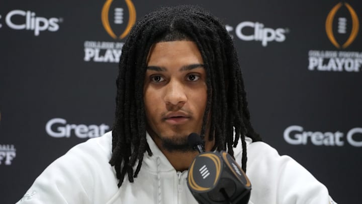 Jan 18, 2025; Atlanta, GA, USA; Notre Dame Fighting Irish safety Xavier Watts (0) during 2025 CFP National Championship Media Day at Georgia World Congress Center, Building A. Mandatory Credit: Kirby Lee-Imagn Images Jan 18, 2025; Atlanta, GA, USA; Notre Dame Fighting Irish safety Xavier Watts (0) during 2025 CFP National Championship Media Day at Georgia World Congress Center, Building A. Mandatory Credit: Kirby Lee-Imagn Images