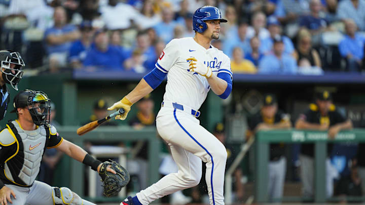 Kansas City Royals right fielder Jac Caglianone bats during the fourth inning against the Pittsburgh Pirates at Kauffman Stadium.