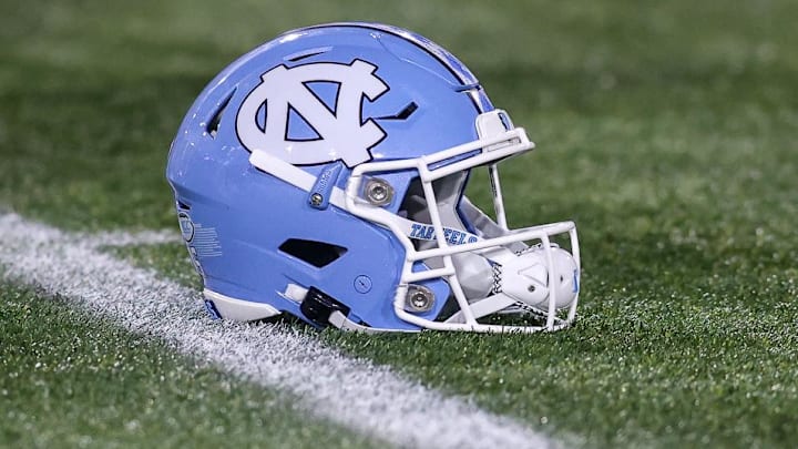 Oct 28, 2023; Atlanta, Georgia, USA; A detailed view of a North Carolina Tar Heels helmet on the field before a game against the Georgia Tech Yellow Jackets at Bobby Dodd Stadium at Hyundai Field. Mandatory Credit: Brett Davis-Imagn Images
