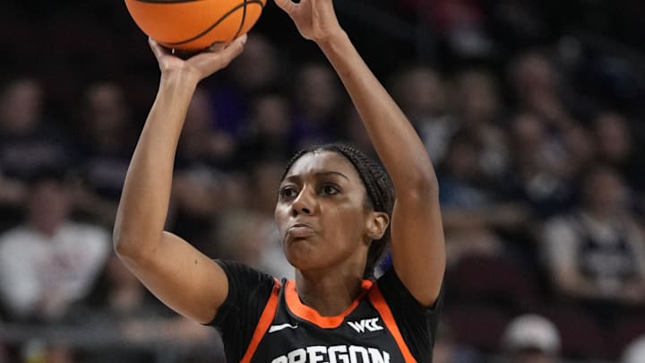 March 10, 2025; Las Vegas, NV, USA; Oregon State Beavers guard Tiara Bolden (0) shoots the basketball against the Gonzaga Bulldogs during the first half in the semifinal of the West Coast Conference tournament at Orleans Arena. Mandatory Credit: Kyle Terada-Imagn Images