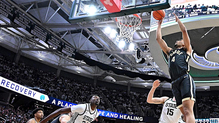Purdue Boilermakers forward Trey Kaufman-Renn (4) scores in the first half against the Michigan State Spartans Purdue Boilermakers forward Trey Kaufman-Renn (4) scores in the first half against the Michigan State Spartans