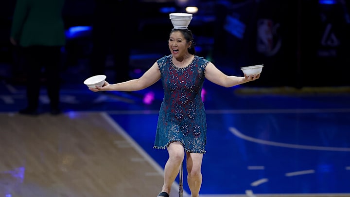 Jun 16, 2025; Oklahoma City, Oklahoma, USA; Performer Red Panda performs during the halftime in game five against the Indiana Pacers of the 2025 NBA Finals at Paycom Center. Mandatory Credit: Alonzo Adams-Imagn Images Jun 16, 2025; Oklahoma City, Oklahoma, USA; Performer Red Panda performs during the halftime in game five against the Indiana Pacers of the 2025 NBA Finals at Paycom Center. Mandatory Credit: Alonzo Adams-Imagn Images