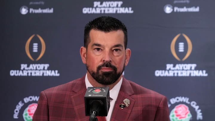 Dec 31, 2024; Los Angeles, California, USA; Ohio State Buckeyes head coach Ryan Day during the Rose Bowl head coaches press conference at Sheraton Grand LA.