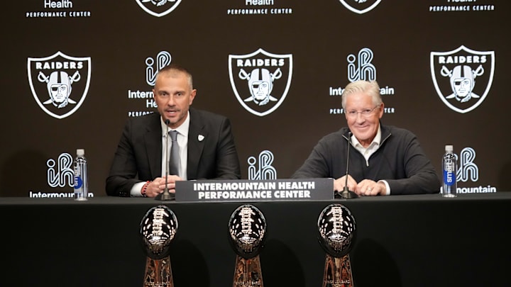 Jan 27, 2025; Las Vegas, NV, USA; Las Vegas Raiders general manager John Spytek (left) and coach Pete Carroll at press conference at Intermountain Health Performance Center. Mandatory Credit: Kirby Lee-Imagn Images