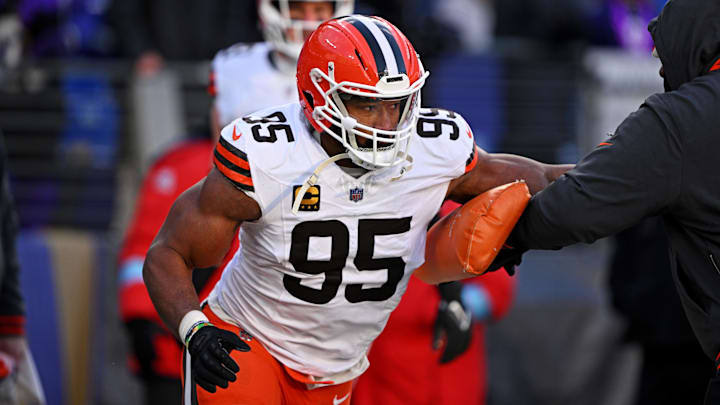 Jan 4, 2025; Baltimore, Maryland, USA; Cleveland Browns defensive end Myles Garrett (95) warms up before the game against Baltimore Ravens at M&T Bank Stadium. 