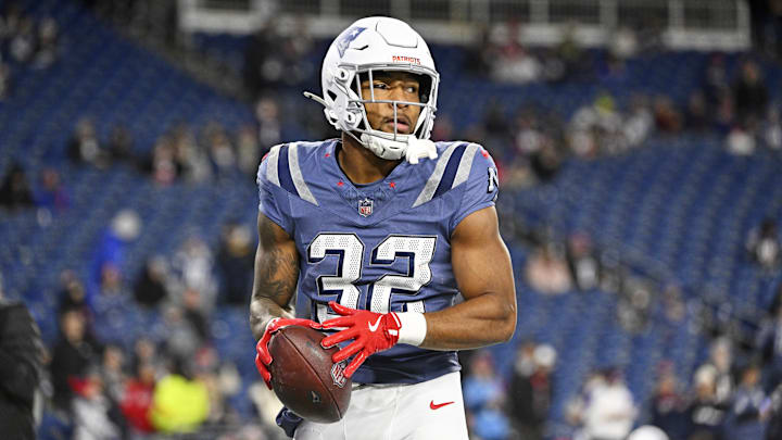 Nov 13, 2025; Foxborough, Massachusetts, USA; New England Patriots running back TreVeyon Henderson (32) looks on before the start of the game against the New York Jets at Gillette Stadium. Mandatory Credit: Eric Canha-Imagn Images