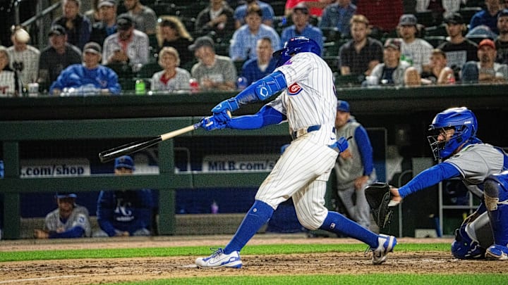Iowa Cubs' Christian Franklin (53) hits the ball against Omaha on Friday, March 28, 2025, at Principal Park in Des Moines. Iowa Cubs' Christian Franklin (53) hits the ball against Omaha on Friday, March 28, 2025, at Principal Park in Des Moines.