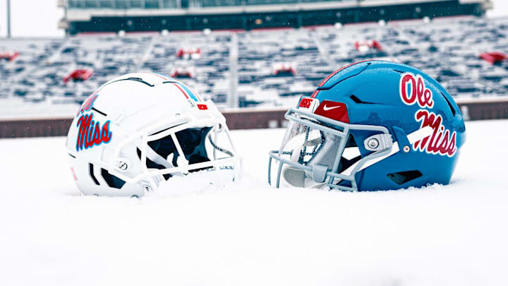 Ole Miss football's white and powder blue helmet options on a snow-covered field at Vaught-Hemingway Stadium. Ole Miss football's white and powder blue helmet options on a snow-covered field at Vaught-Hemingway Stadium.