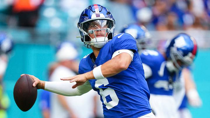 Aug 22, 2026; Miami Gardens, Florida, USA; New York Giants quarterback Jaxson Dart (6) warms up prior to a preseason game against the Miami Dolphins at Hard Rock Stadium. Aug 22, 2026; Miami Gardens, Florida, USA; New York Giants quarterback Jaxson Dart (6) warms up prior to a preseason game against the Miami Dolphins at Hard Rock Stadium.