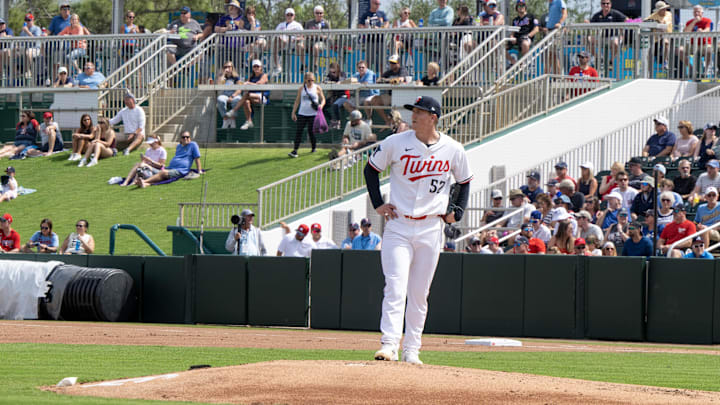 Fort Myers, Florida, USA; Minnesota Twins pitcher Zebby Matthews (52) pitching in the first inning of their game with the Atlanta Braves at Lee Health Sports Complex.