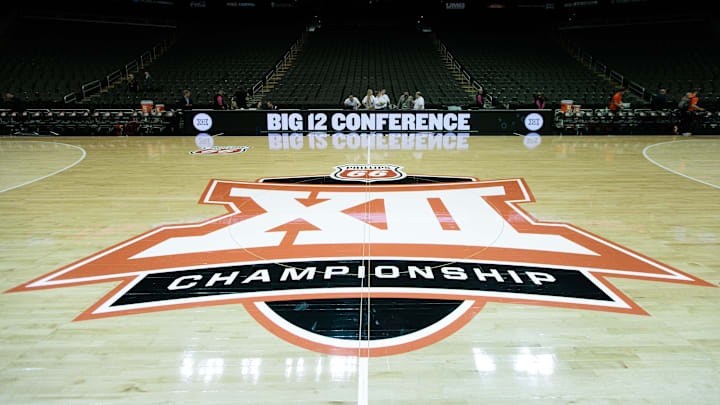 Mar 12, 2024; Kansas City, MO, USA; Big 12 Championship logo at center court prior to the game between the UCF Knights and the Oklahoma State Cowboys at T-Mobile Center. Mandatory Credit: William Purnell-Imagn Images