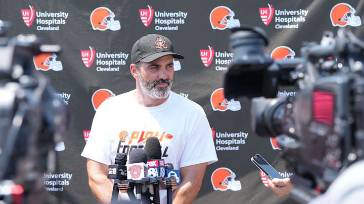 Aug 4, 2024; Cleveland Browns head coach Kevin Stefanski meets with the media before practice at the Browns training facility in Berea, Ohio.