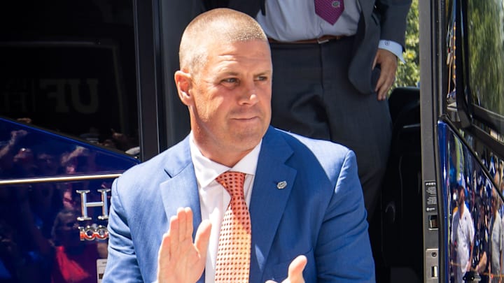 Florida Gators head coach Billy Napier exits the bus during Gator Walk for the season opener at Ben Hill Griffin Stadium in Gainesville, FL on Saturday, August 31, 2024 against the University of Miami Hurricanes. [Doug Engle/Gainesville Sun]