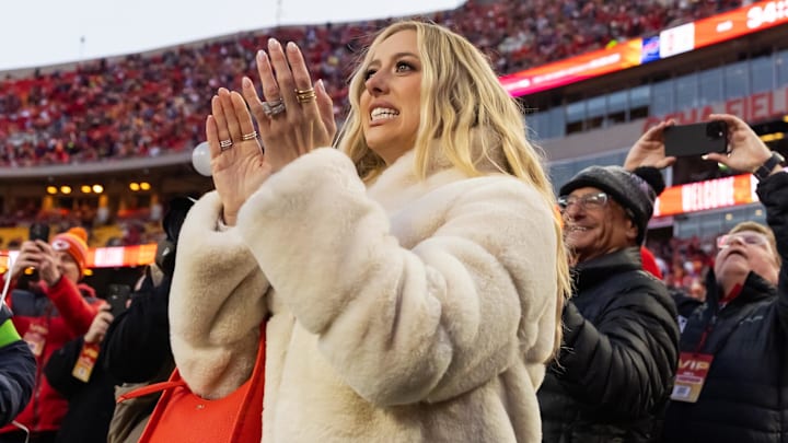 Brittany Mahomes on the sidelines before the AFC Championship game against the Buffalo Bills at GEHA Field at Arrowhead Stadium.