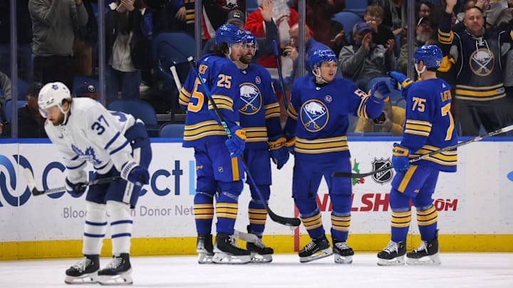 Dec 21, 2023; Buffalo, New York, USA;  Buffalo Sabres left wing Jeff Skinner (53) celebrates his