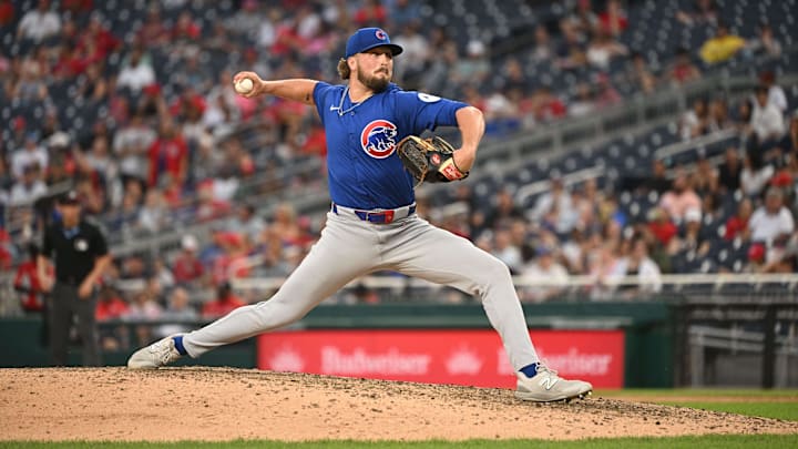 Aug 31, 2024; Washington, District of Columbia, USA; Chicago Cubs relief pitcher Porter Hodge (37) throws against the Washington Nationals during the ninth inning at Nationals Park.