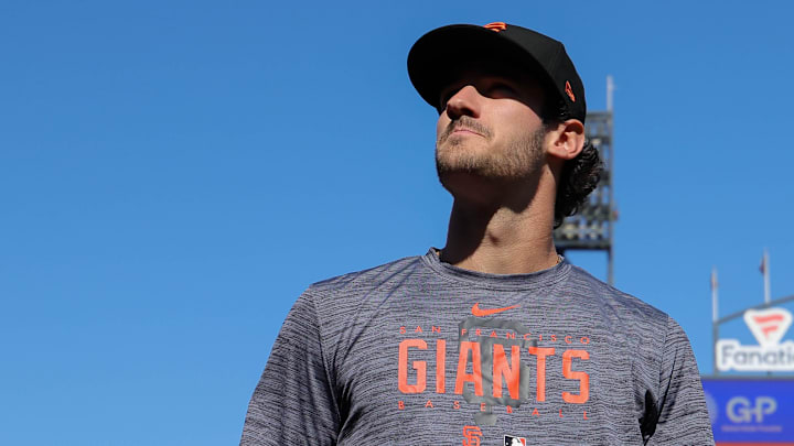 Jul 26, 2023; San Francisco, California, USA; San Francisco Giants 2023 first-round pick Bryce Eldridge before the game against the Oakland Athletics at Oracle Park.