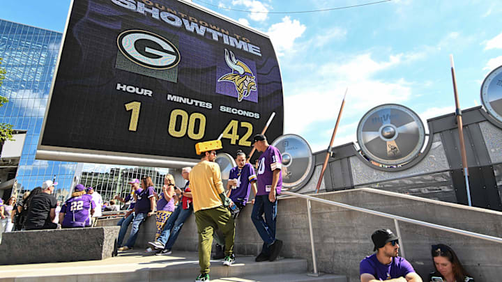 Sep 11, 2022; Minneapolis, Minnesota, USA; Fans gather in front of U.S. Bank Stadium before the game between the Minnesota Vikings and the Green Bay Packers. Mandatory Credit: Jeffrey Becker-Imagn Images