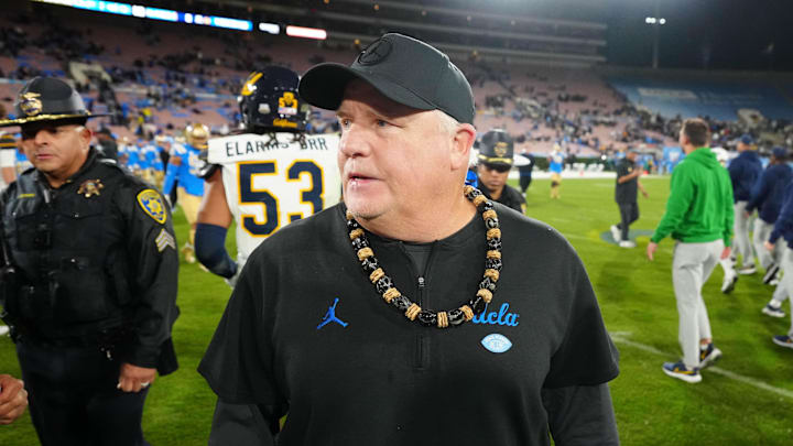 Nov 25, 2023; Pasadena, California, USA; UCLA Bruins head coach Chip Kelly reacts after the game