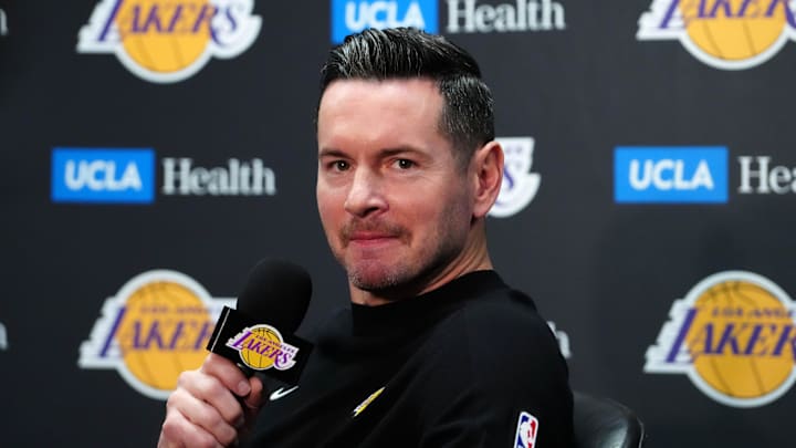 Mar 17, 2025; Los Angeles, California, USA; Los Angeles Lakers coach JJ Redick at press conference at the Crypto.com Arena.
