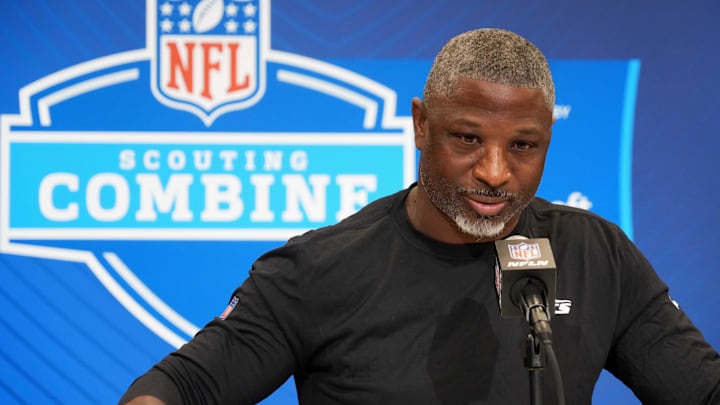 Feb 25, 2025; Indianapolis, IN, USA; New York Jets coach Aaron Glenn speaks during the NFL Scouting Combine at the Indiana Convention Center. Mandatory Credit: Kirby Lee-Imagn Images