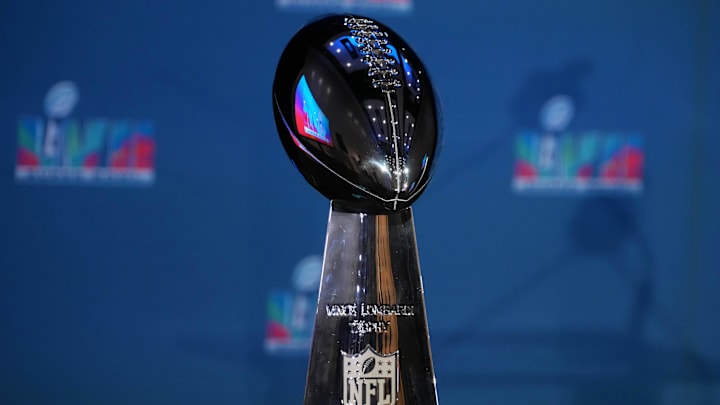 Feb 13, 2023; Phoenix, AZ, USA; A Vince Lombardi Trophy at the Super Bowl 57 Winning Team Head Coach