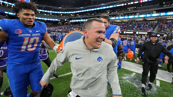 Dec 2, 2023; Las Vegas, NV, USA; Boise State Broncos head coach Spencer Danielson celebrates after 44-20 victory over the UNLV Rebels in the Mountain West Championship at Allegiant Stadium. Mandatory Credit: Kirby Lee-Imagn Images Dec 2, 2023; Las Vegas, NV, USA; Boise State Broncos head coach Spencer Danielson celebrates after 44-20 victory over the UNLV Rebels in the Mountain West Championship at Allegiant Stadium. Mandatory Credit: Kirby Lee-Imagn Images