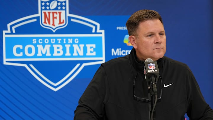 Feb 25, 2025; Indianapolis, IN, USA; Green Bay Packers general manager Brian Gutekunst speaks during the NFL Scouting Combine at the Indiana Convention Center. Mandatory Credit: Kirby Lee-Imagn Images