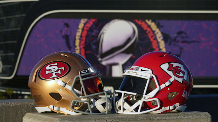 San Francisco 49ers and Kansas Chiefs helmets.