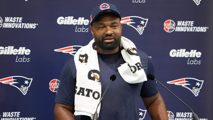 Oct 18, 2024; London, United Kingdom; New England Patriots coach Jerod Mayo at press conference at the Harrow School. Mandatory Credit: Kirby Lee-Imagn Images