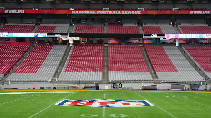 Feb 7, 2023; Phoenix, AZ, USA; The NFL shield logo at midfield pror to Super Bown 57 at State Farm