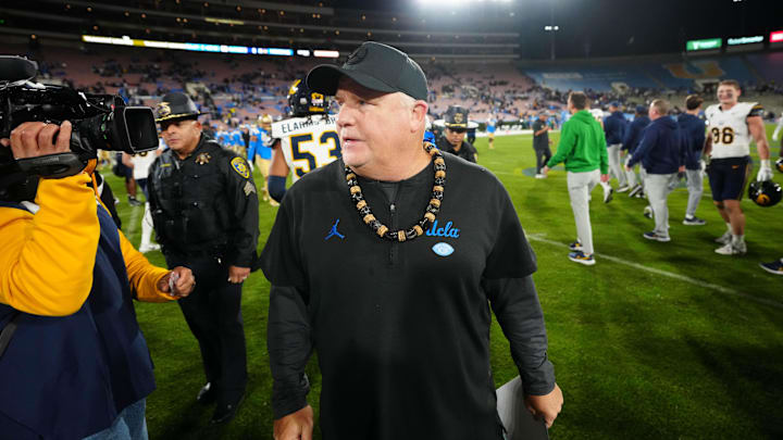Nov 25, 2023; Pasadena, California, USA; UCLA Bruins head coach Chip Kelly reacts after the game against the California Golden Bears at Rose Bowl. Mandatory Credit: Kirby Lee-Imagn Images