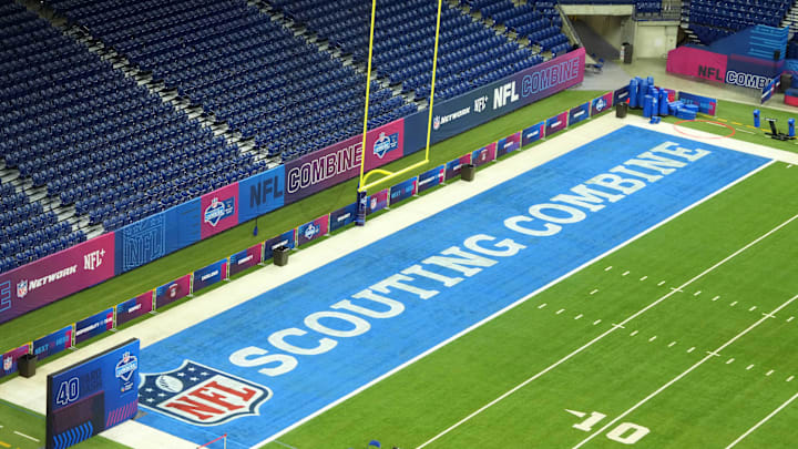 The NFL Scouting Combine logo in the end zone at Lucas Oil Stadium.