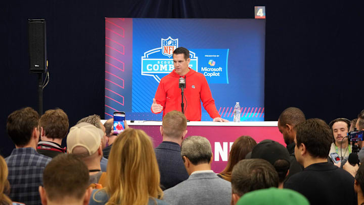Feb 25, 2025; Indianapolis, IN, USA; New York Giants general manager Joe Schoen speaks during the NFL Scouting Combine at the Indiana Convention Center. Feb 25, 2025; Indianapolis, IN, USA; New York Giants general manager Joe Schoen speaks during the NFL Scouting Combine at the Indiana Convention Center.