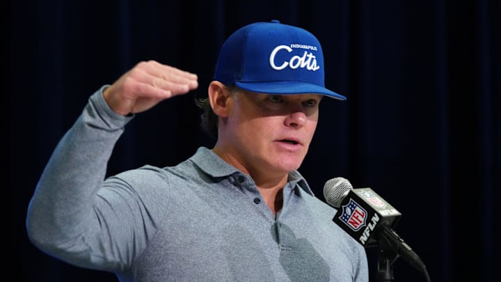 Feb 28, 2024; Indianapolis, IN, USA; Indianapolis Colts general manager Chris Ballard speaks at a press conference at the NFL Scouting Combine at Indiana Convention Center. Mandatory Credit: Kirby Lee-Imagn Images