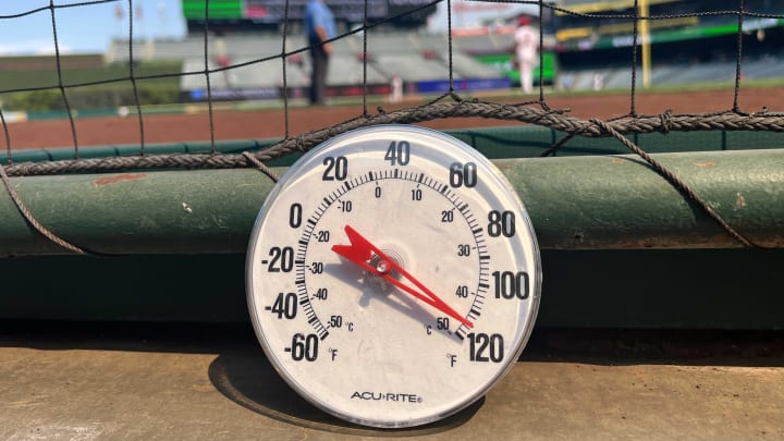 Sep 7, 2022; Anaheim, California, USA; A thermometer reads over 100 degrees during the game between the Los Angeles Angels and the Detroit Tigers at Angel Stadium. Mandatory Credit: Kirby Lee-USA TODAY Sports Sep 7, 2022; Anaheim, California, USA; A thermometer reads over 100 degrees during the game between the Los Angeles Angels and the Detroit Tigers at Angel Stadium. Mandatory Credit: Kirby Lee-USA TODAY Sports