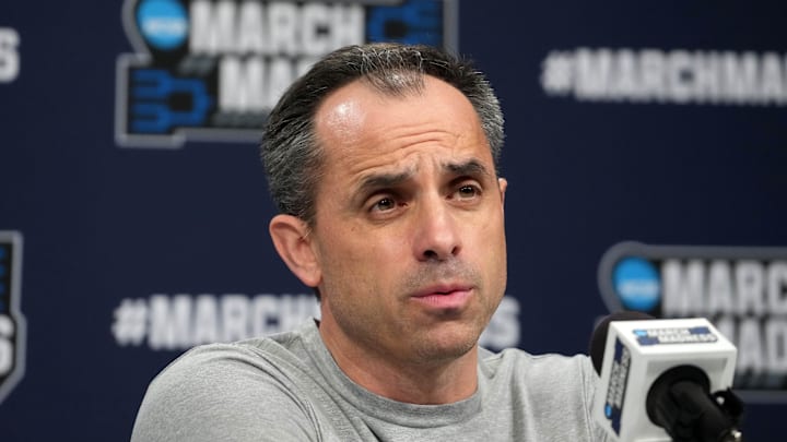 Mar 22, 2025; Wichita, KS, USA; Drake Bulldogs coach Ben McCollum during press conference at Intrust Bank Arena. Mandatory Credit: Kirby Lee-Imagn Images