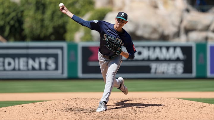 Seattle Mariners pitcher George Kirby throws during a game against the Los Angels Angels on June 8 at Angel Stadium.