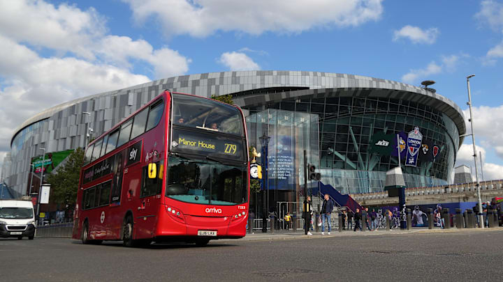 Oct 5, 2024; London, United Kingdom; A general overall view of a red double decker bus at Tottenham Hotspur Stadium, the site of the 2024 NFL London Games between the New York Jets and Minnesota Vikings (Oct. 6) and the Jacksonville Jaguars and the Chicago Bears (Oct. 13).