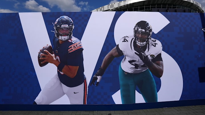 Oct 5, 2024; London, United Kingdom; A graphic featuring images of Chicago Bears quarterback Caleb Williams (18) and Jacksonville Jaguars defensive end Travon Walker at Tottenham Hotspur Stadium. Mandatory Credit: Kirby Lee-Imagn Images