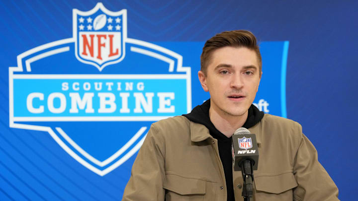 Feb 25, 2025; Indianapolis, IN, USA; Jacksonville Jaguars general manger James Gladstone speaks during the NFL Scouting Combine at the Indiana Convention Center. Mandatory Credit: Kirby Lee-Imagn Images