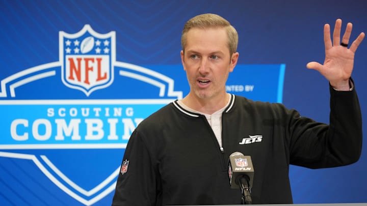 Feb 25, 2025; Indianapolis, IN, USA; New York Jets general manager Darren Mougey speaks during the NFL Scouting Combine at the Indiana Convention Center. Mandatory Credit: Kirby Lee-Imagn Images