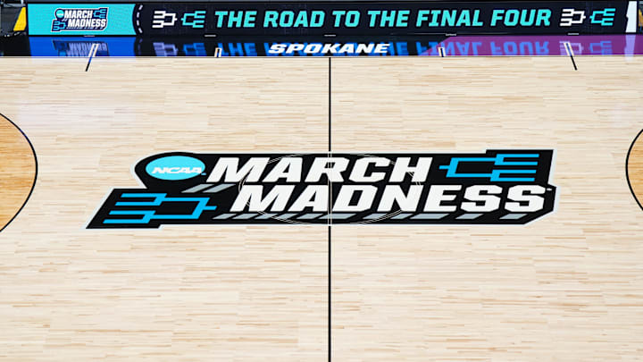 Mar 21, 2024; Spokane, WA, USA; A general overall view of the March Madness logo at center court of the Spokane Veterans Memorial Arena. Mandatory Credit: Kirby Lee-Imagn Images