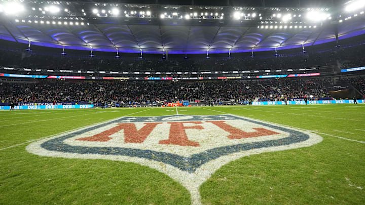Nov 12, 2023; Frankfurt, Germany; The NFL shield logo at midfield during an NFL International Series game at Deutsche Bank Park. Mandatory Credit: Kirby Lee-Imagn Images