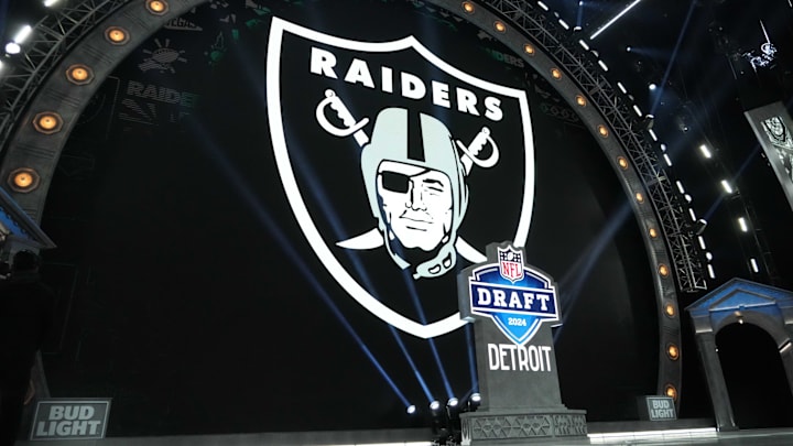 Apr 25, 2024; Detroit, MI, USA; A Las Vegas Raiders logo at the 2024 NFL Draft at Campus Martius Park and Hart Plaza. Mandatory Credit: Kirby Lee-Imagn Images