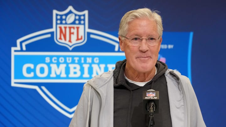 Feb 25, 2025; Indianapolis, IN, USA; Las Vegas Raiders coach Pete Carroll speaks during the NFL Scouting Combine at the Indiana Convention Center. Mandatory Credit: Kirby Lee-Imagn Images